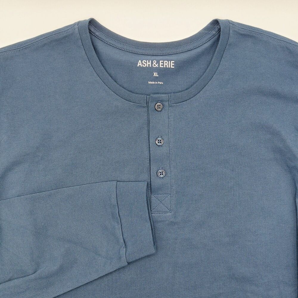 Ash & Erie Henley Shirt Men's XL Blue Long Sleeve Casual Made in Peru Tee Preppy